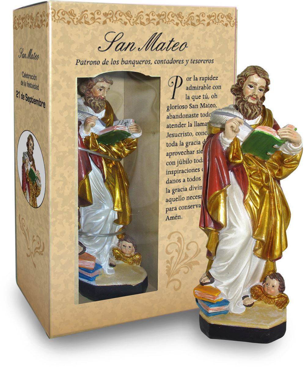 statua di san matteo da 12 cm in confezione regalo con segnalibro in versione spagnolo