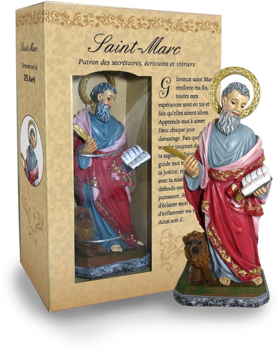 ferrari & arrighetti statua di san marco di 12 cm in confezione regalo con segnalibro, statuetta personaggio religioso con scatola regalo decorativa, testi in francese