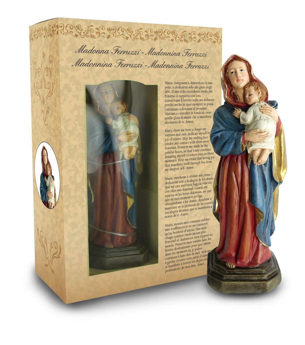 ferrari & arrighetti statua della madonna ferruzzi da 12 cm in confezione regalo con segnalibro, statuetta personaggio religioso con scatola regalo decorativa, testi in it/en/es/fr