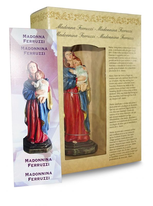 ferrari & arrighetti statua della madonna ferruzzi da 12 cm in confezione regalo con segnalibro, statuetta personaggio religioso con scatola regalo decorativa, testi in it/en/es/fr