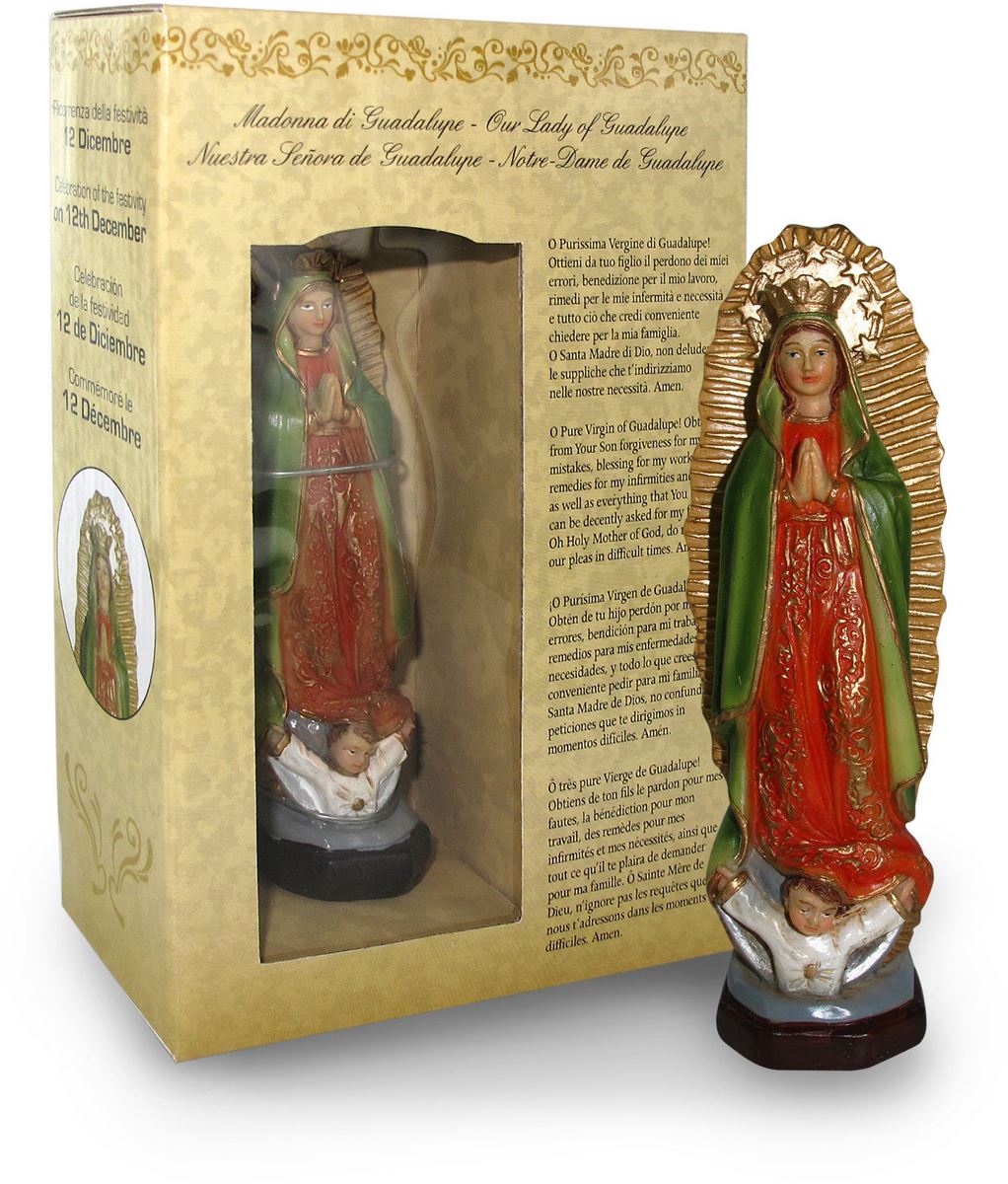 ferrari & arrighetti statua della madonna di guadalupe da 12 cm in confezione regalo con segnalibro, statuetta personaggio religioso con scatola regalo decorativa, testi in it/en/es/fr