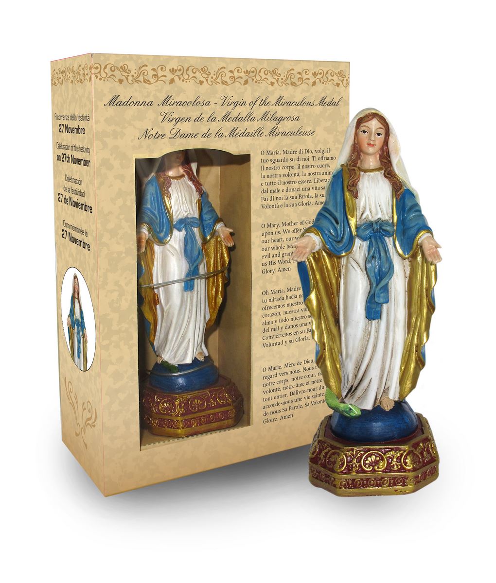 ferrari & arrighetti statua della madonna miracolosa da 12 cm in confezione regalo con segnalibro, statuetta personaggio religioso con scatola regalo decorativa, testi in it/en/es/fr