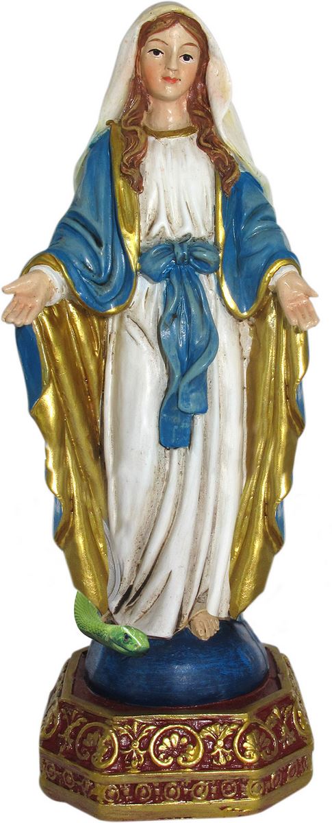 statua della madonna miracolosa da 12 cm in confezione regalo con segnalibro in it/en/es/fr