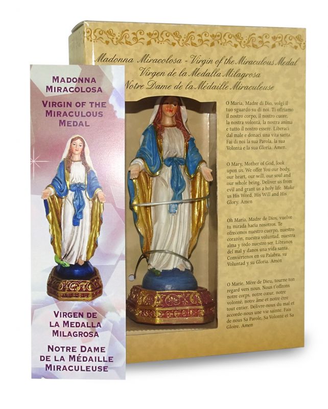 ferrari & arrighetti statua della madonna miracolosa da 12 cm in confezione regalo con segnalibro, statuetta personaggio religioso con scatola regalo decorativa, testi in it/en/es/fr