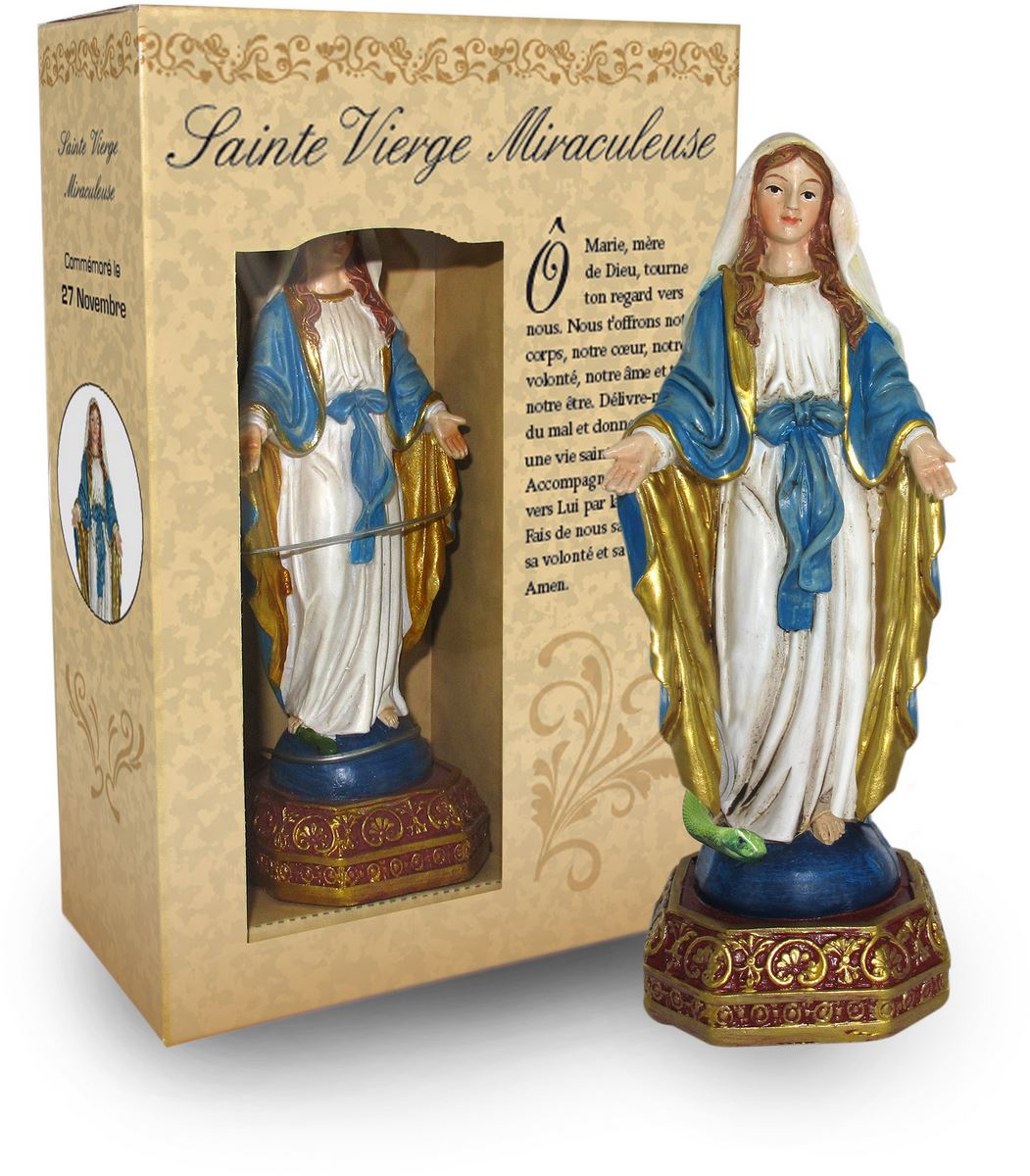 statua della madonna miracolosa da 12 cm in confezione regalo con segnalibro in versione francese