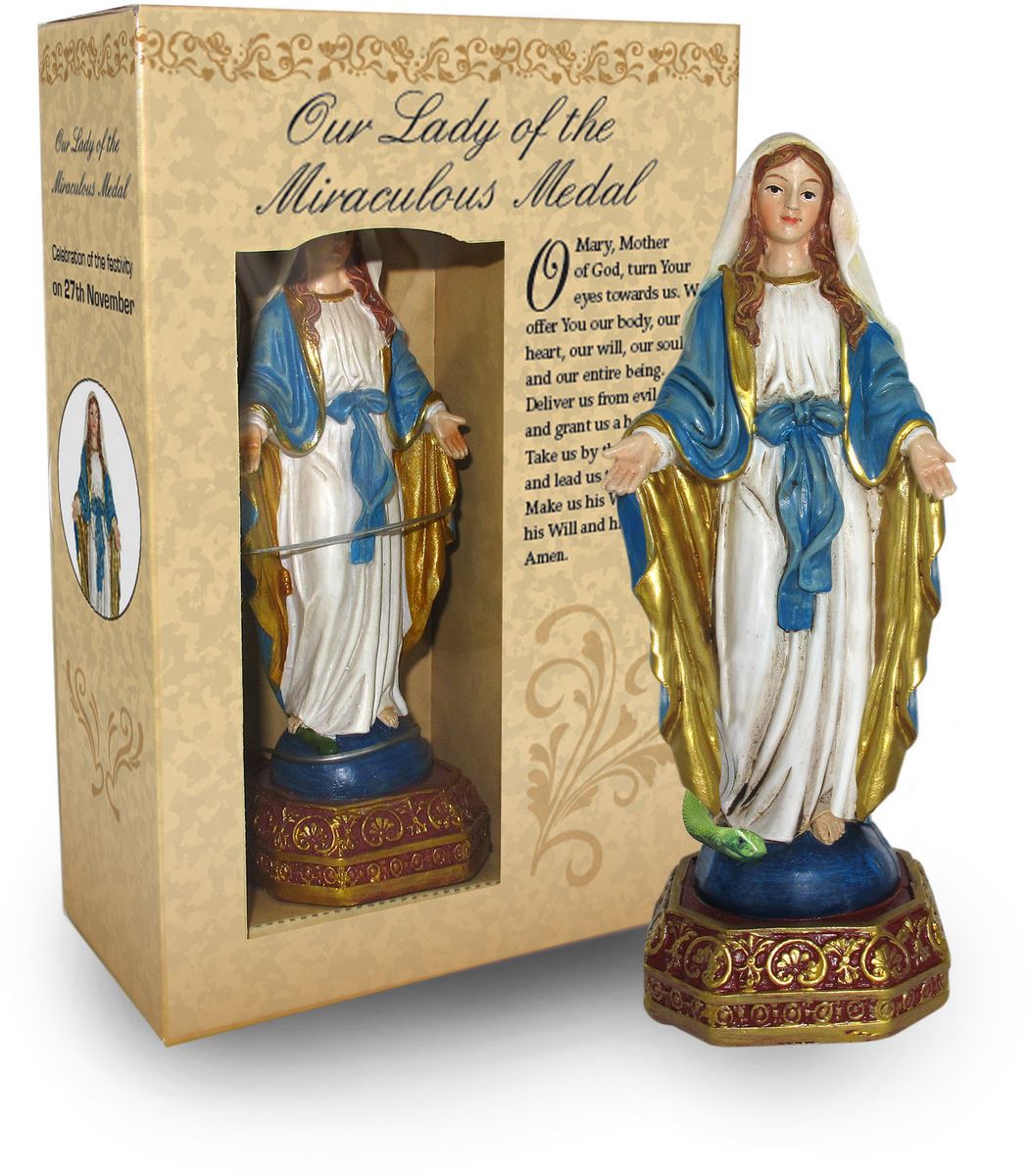 statua della madonna miracolosa da 12 cm in confezione regalo con segnalibro in versione inglese