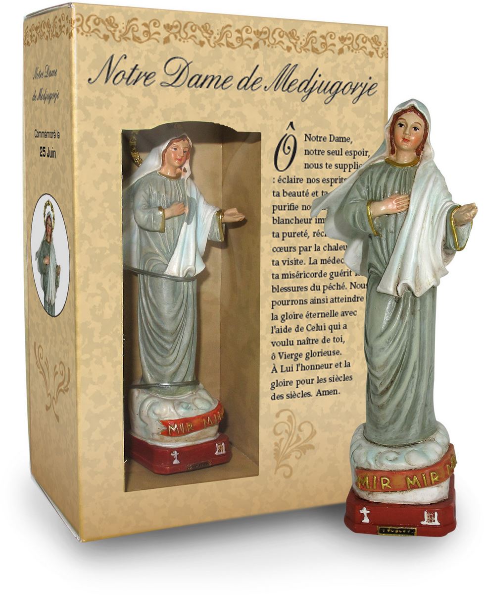 ferrari & arrighetti statua della madonna di medjugorje da 12 cm in confezione regalo con segnalibro, statuetta personaggio religioso con scatola regalo decorativa, testi in francese