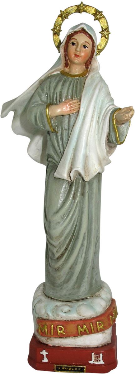 statua della madonna di medjugorje da 12 cm in confezione regalo con segnalibro in versione francese