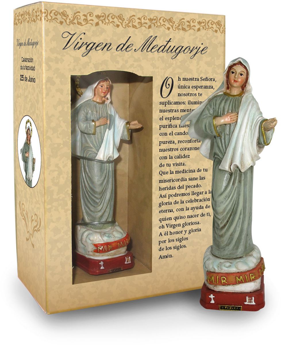 ferrari & arrighetti statua della madonna di medjugorje da 12 cm in confezione regalo con segnalibro, statuetta personaggio religioso con scatola regalo decorativa, testi in spagnolo