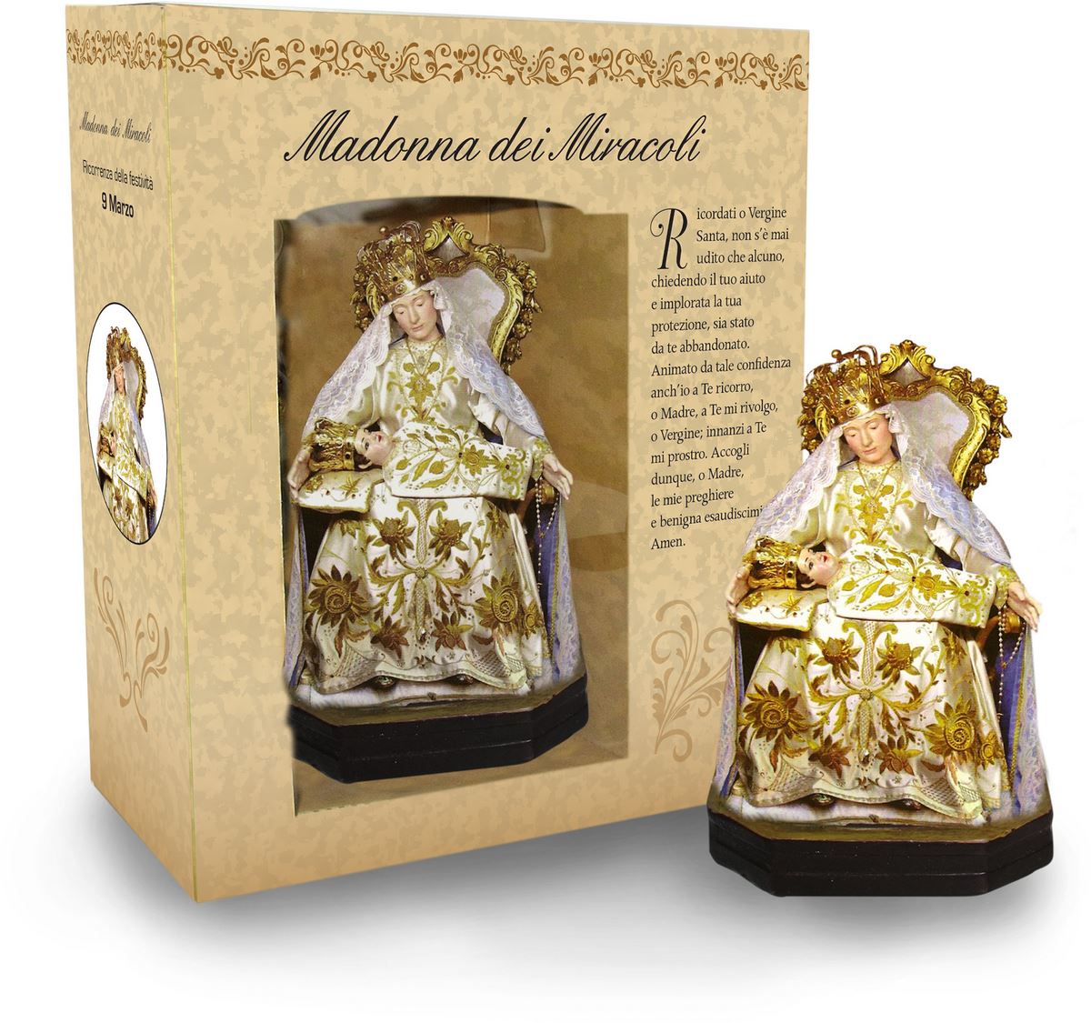 statua della madonna dei miracoli da 12 cm in confezione regalo con segnalibro	