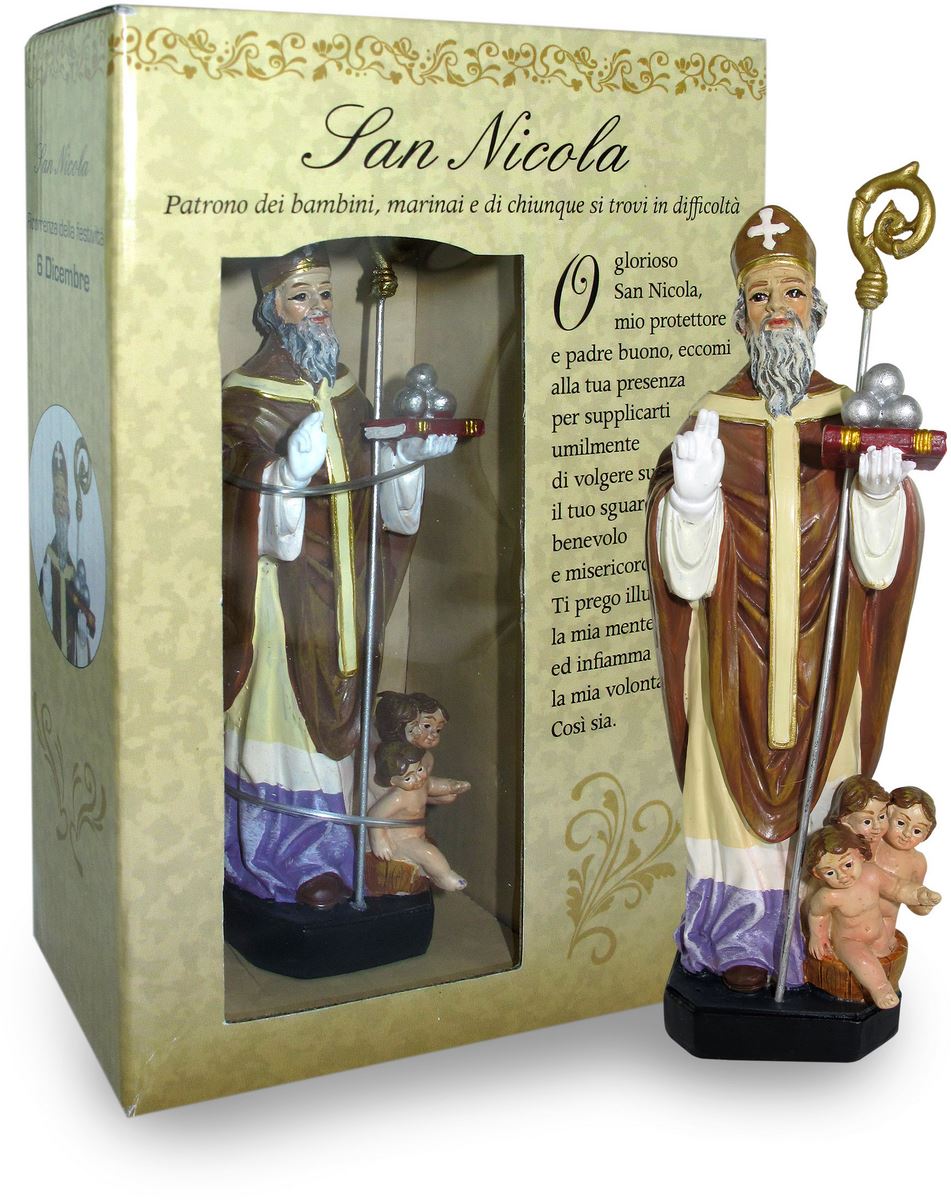 ferrari & arrighetti statua di san nicola da 12 cm in confezione regalo con segnalibro, statuetta personaggio religioso con scatola regalo decorativa, testi in it