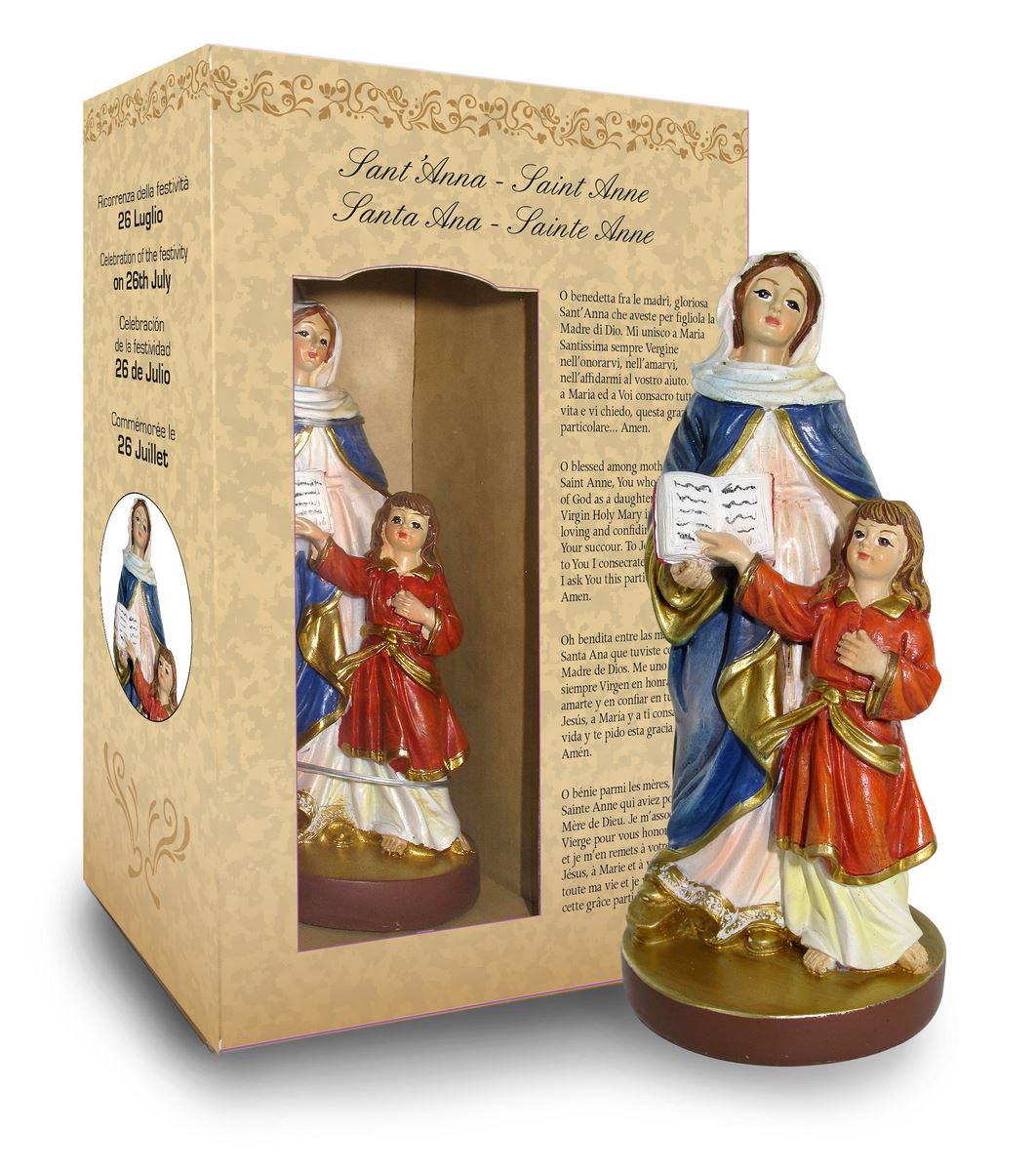ferrari & arrighetti statua di sant anna da 12 cm in confezione regalo con segnalibro, statuetta personaggio religioso con scatola regalo decorativa, testi in it/en/es/fr