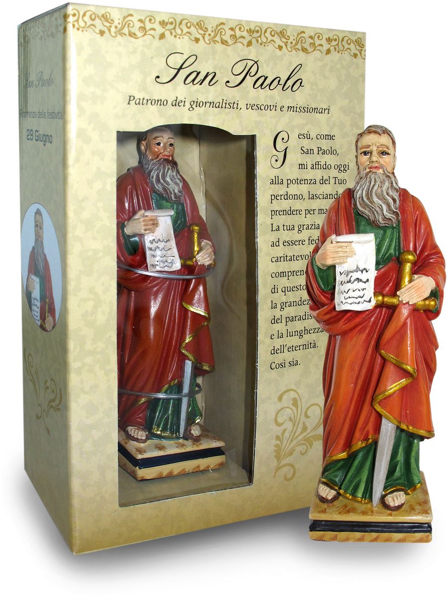 ferrari & arrighetti statua di san paolo da 12 cm in confezione regalo con segnalibro, statuetta personaggio religioso con scatola regalo decorativa, testi in it