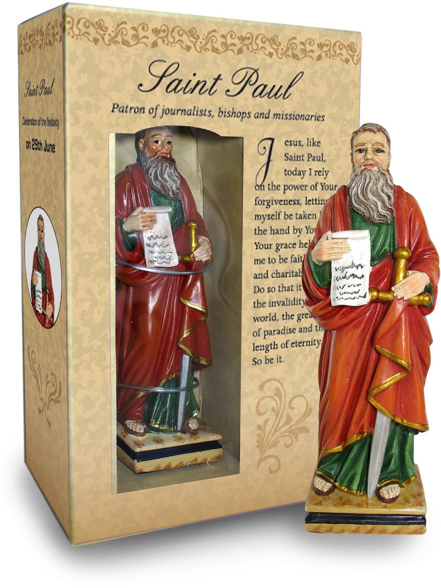 statua di san paolo da 12 cm in confezione regalo con segnalibro in versione inglese