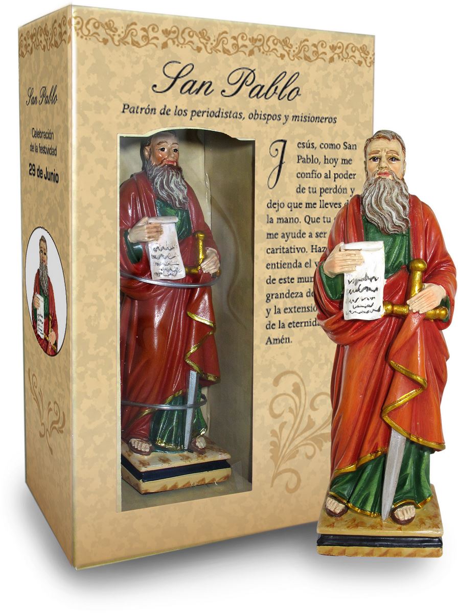statua di san paolo da 12 cm in confezione regalo con segnalibro in versione spagnolo