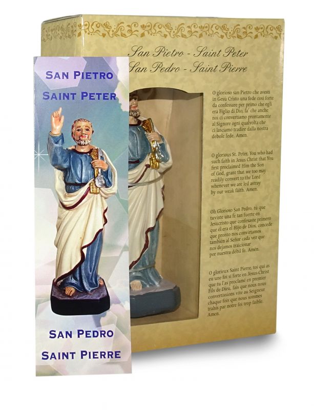 ferrari & arrighetti statua di san pietro da 12 cm in confezione regalo con segnalibro, statuetta personaggio religioso con scatola regalo decorativa, testi in it/en/es/fr