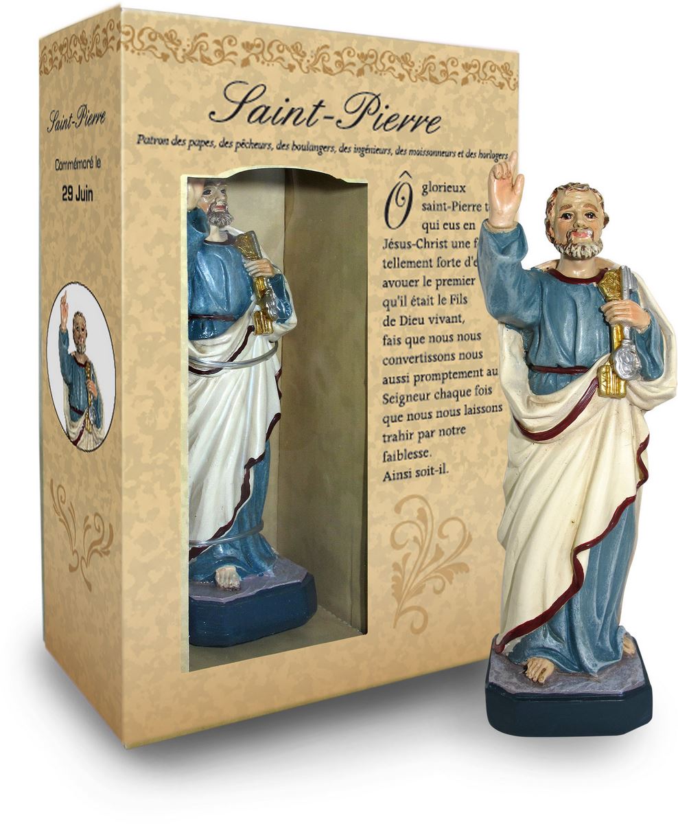 statua di san pietro da 12 cm in confezione regalo con segnalibro in versione francese