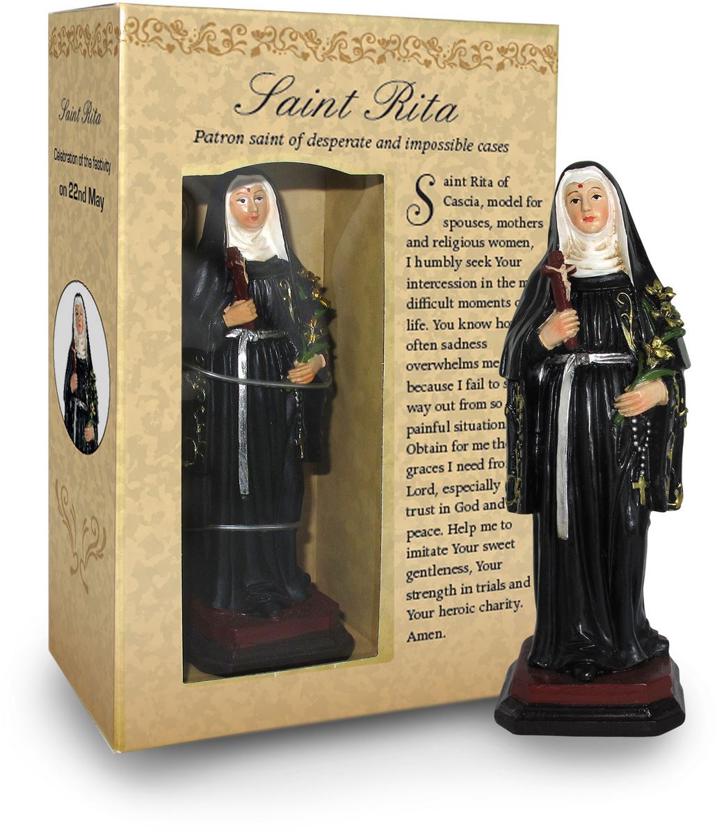 statua di santa rita da 12 cm in confezione regalo con segnalibro in versione inglese