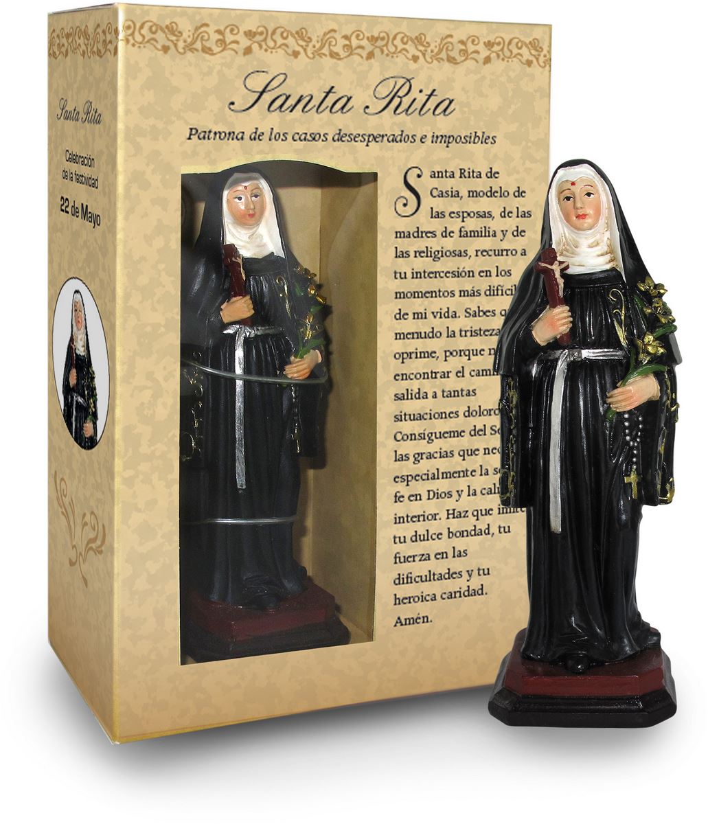 statua di santa rita da 12 cm in confezione regalo con segnalibro in versione spagnolo