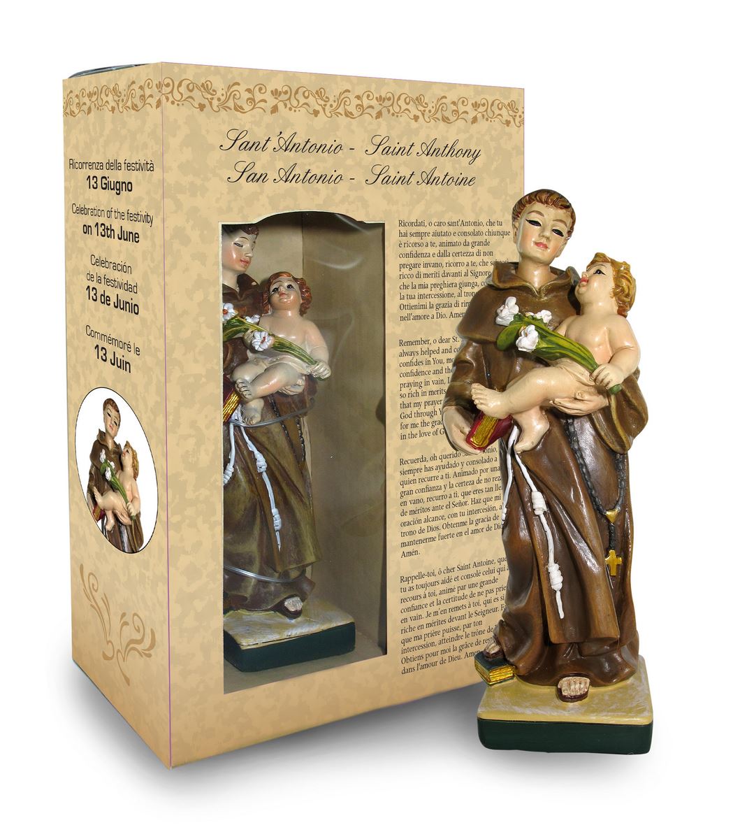 statua di sant'antonio da 12 cm in confezione regalo con segnalibro in it/en/es/fr