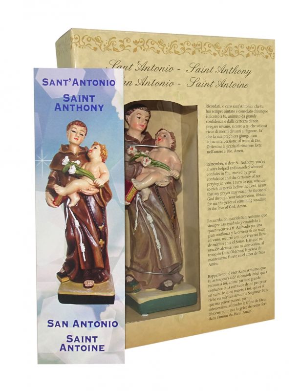 statua di sant'antonio da 12 cm in confezione regalo con segnalibro in it/en/es/fr