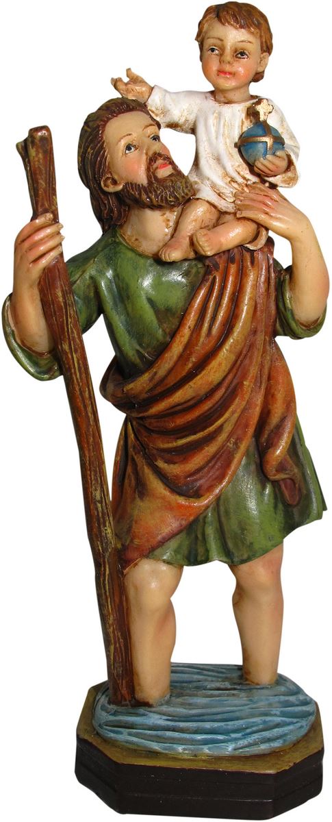 statua di san cristoforo da 12 cm in confezione regalo con segnalibro in it/en/es/fr