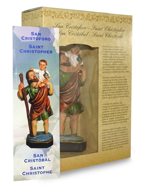 ferrari & arrighetti statua di san cristoforo da 12 cm in confezione regalo con segnalibro, statuetta personaggio religioso con scatola regalo decorativa, testi in it/en/es/fr