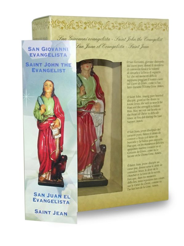 ferrari & arrighetti statua di san giovanni evangelista da 12 cm in confezione regalo con segnalibro, statuetta personaggio religioso con scatola regalo decorativa, testi in it/en/es/fr