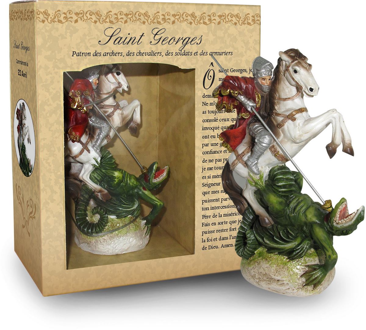ferrari & arrighetti statua di san giorgio da 12 cm in confezione regalo con segnalibro, statuetta personaggio religioso con scatola regalo decorativa, testi in francese