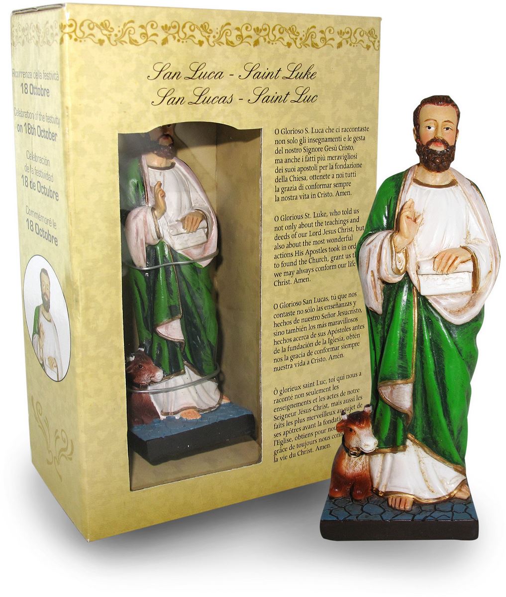statua di san luca da 12 cm in confezione regalo con segnalibro in it/en/es/fr