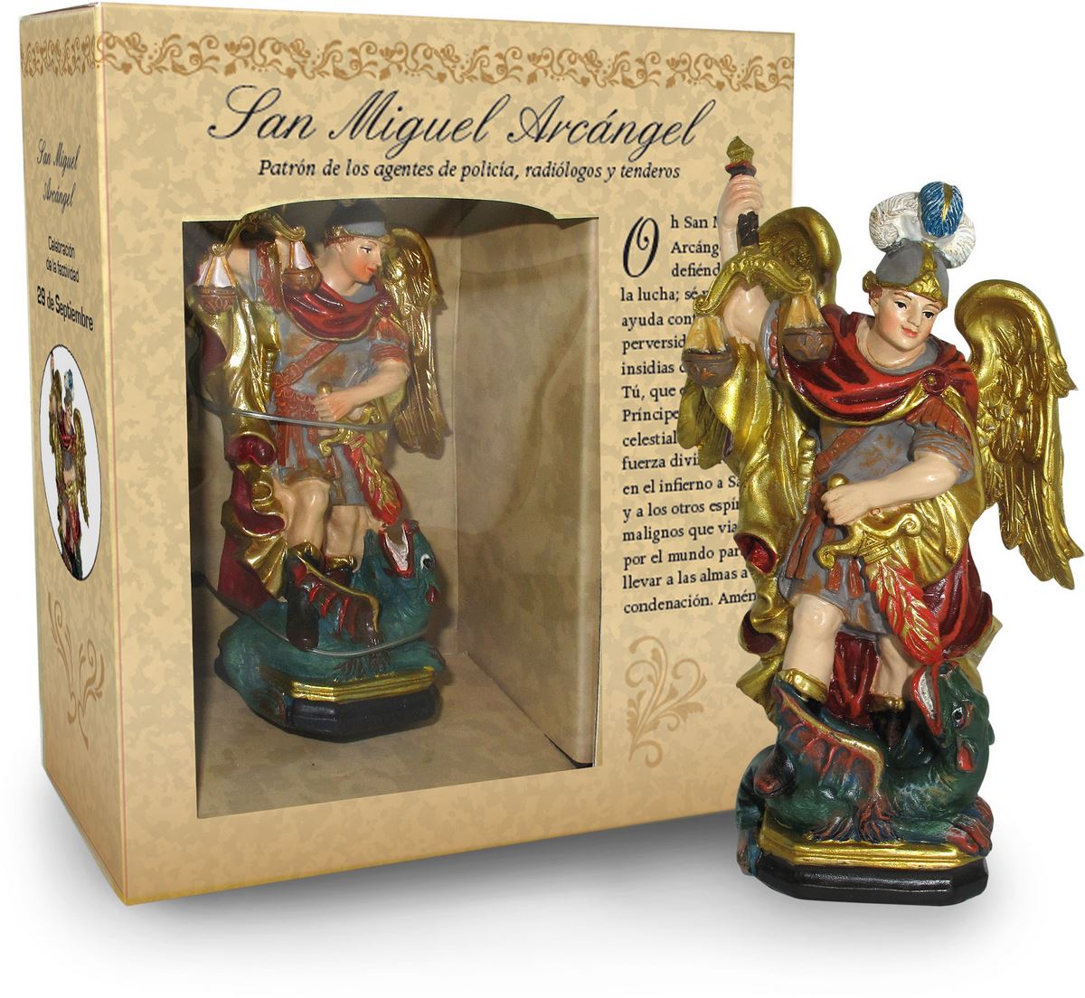 statua di san michele arcangelo da 12 cm in confezione regalo con segnalibro in versione spagnolo