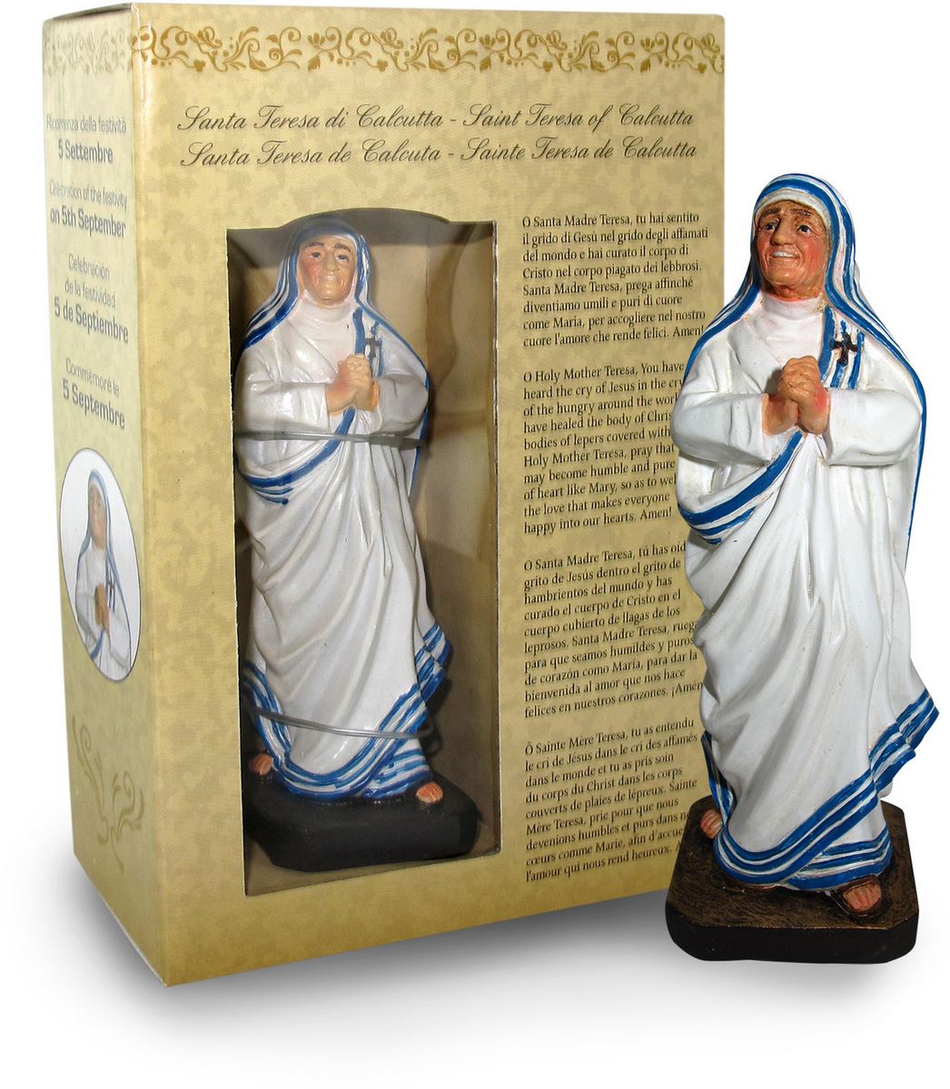 ferrari & arrighetti statua di santa madre teresa di calcutta da 12 cm in confezione regalo con segnalibro, statuetta personaggio religioso con scatola regalo decorativa, testi in it/en/es/fr