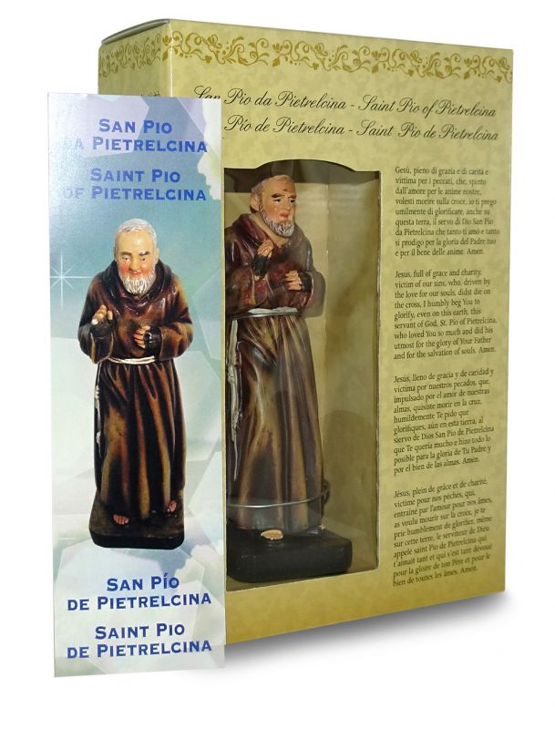 statua di san pio da 12 cm in confezione regalo con segnalibro in it/en/es/fr