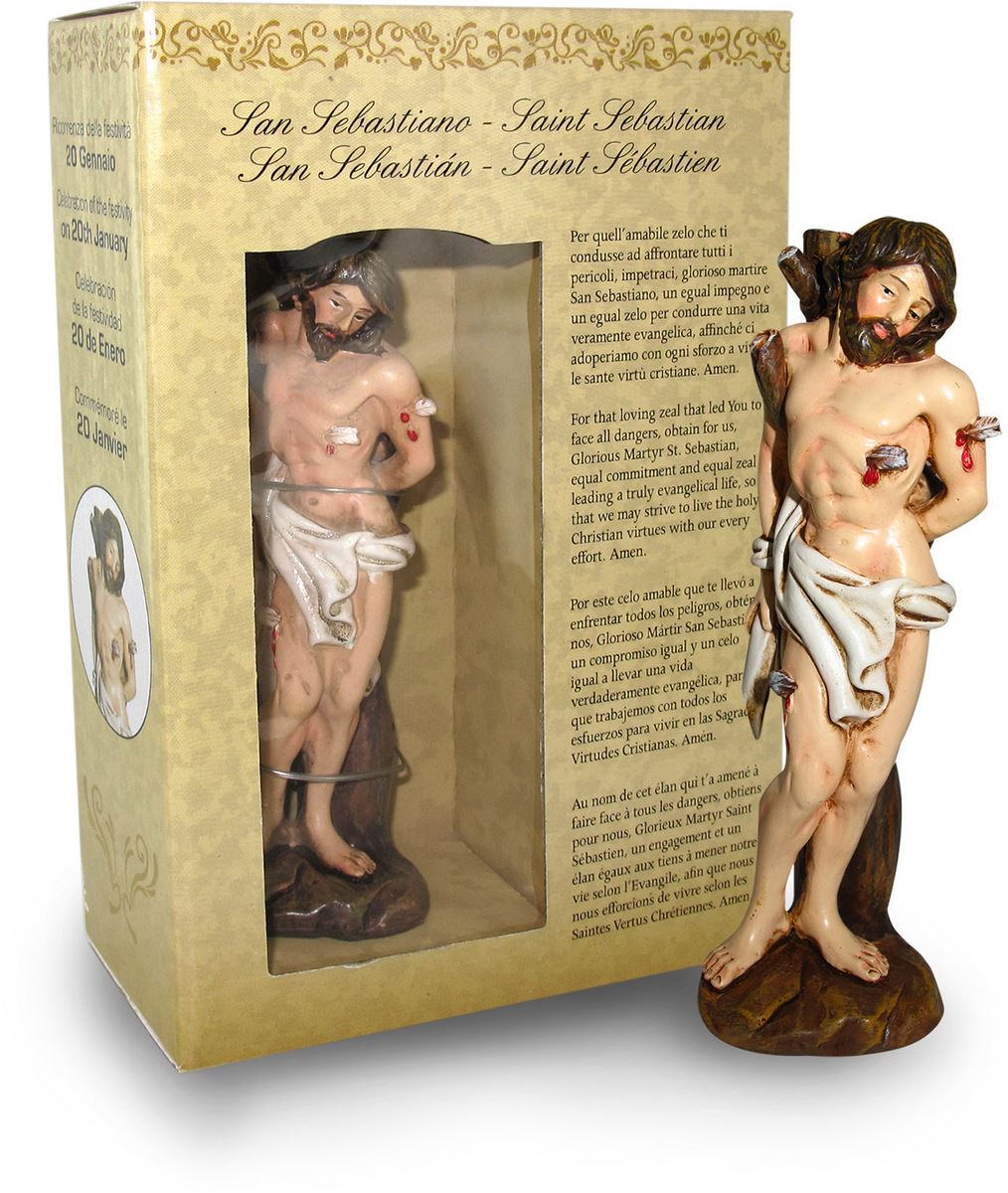statua di san sebastiano da 12 cm in confezione regalo con segnalibro in it/en/es/fr