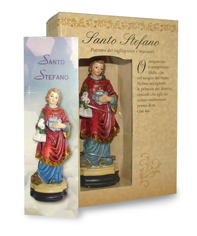 ferrari & arrighetti statua di santo stefano da 12 cm in confezione regalo con segnalibro, statuetta personaggio religioso con scatola regalo decorativa, testi in it