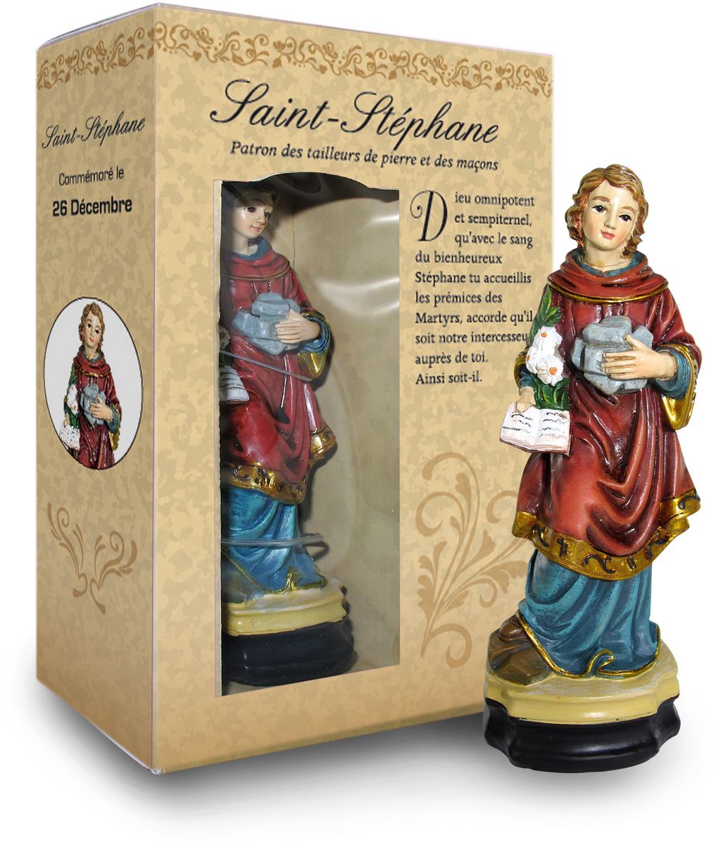 ferrari & arrighetti statua di santo stefano da 12 cm in confezione regalo con segnalibro, statuetta personaggio religioso con scatola regalo decorativa, testi in francese