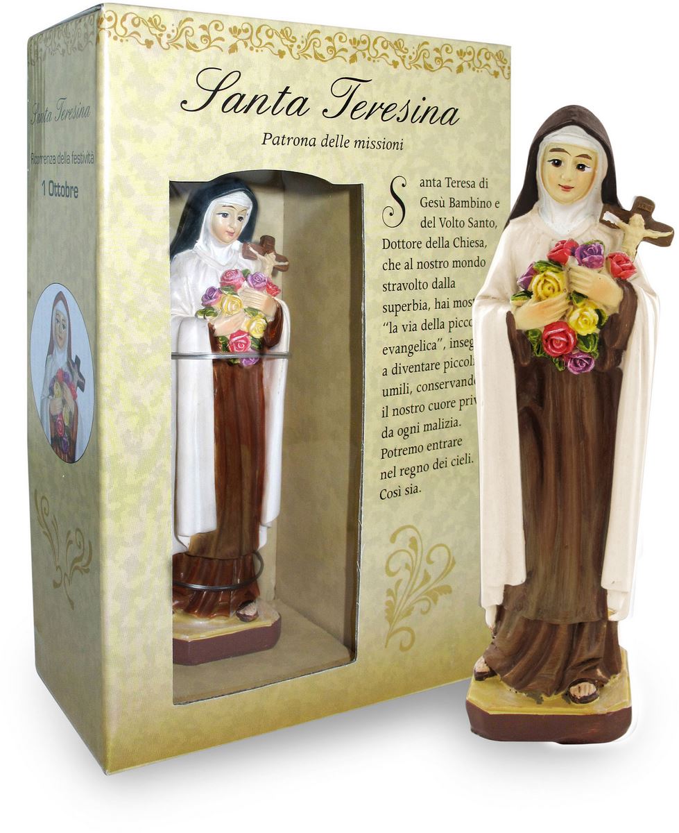 ferrari & arrighetti statua di santa teresa di lisieux da 12 cm in confezione regalo con segnalibro, statuetta personaggio religioso con scatola regalo decorativa, testi in it/en/es/fr