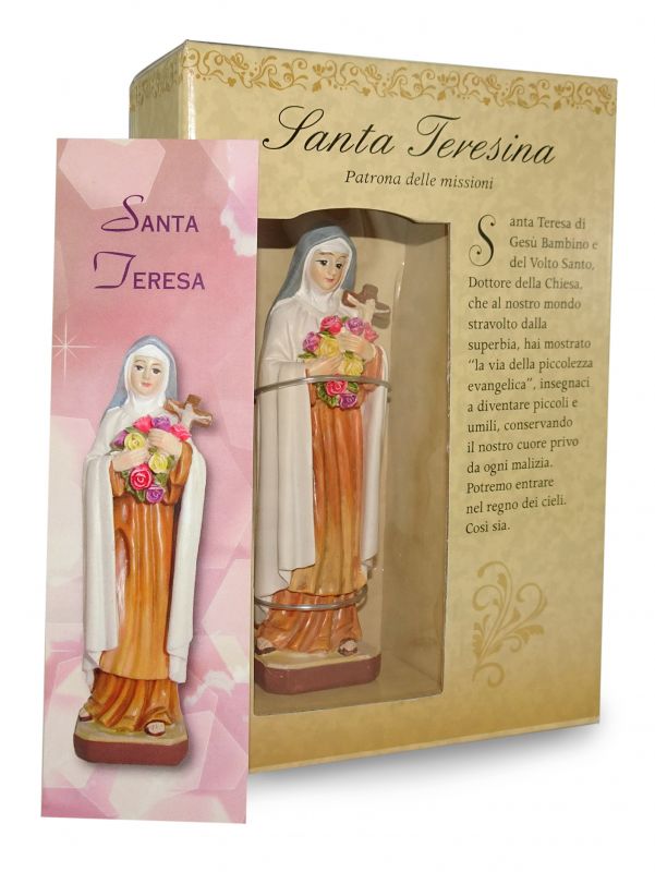 ferrari & arrighetti statua di santa teresa di lisieux da 12 cm in confezione regalo con segnalibro, statuetta personaggio religioso con scatola regalo decorativa, testi in it/en/es/fr