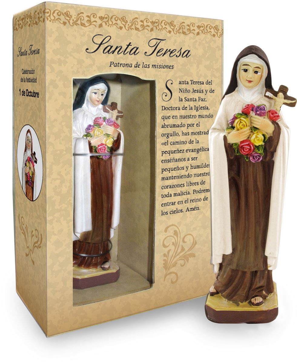 statua di santa teresa di lisieux da 12 cm in confezione regalo con segnalibro in versione spagnolo