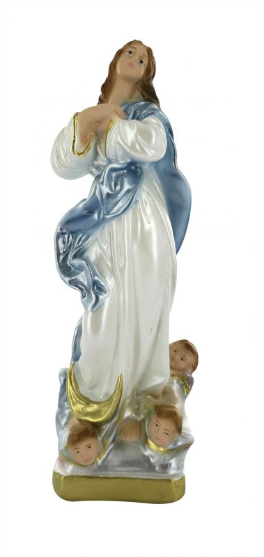 statua madonna con angeli in gesso madreperlato dipinta a mano, immacolata concezione di murillo - 20 cm