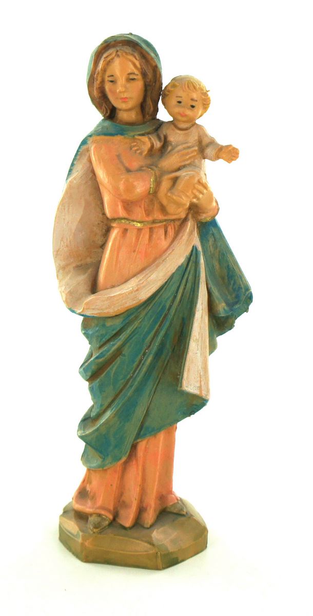 stock: statua madonna con bambino in plastica/pvc effetto legno dipinta a mano - 12 cm