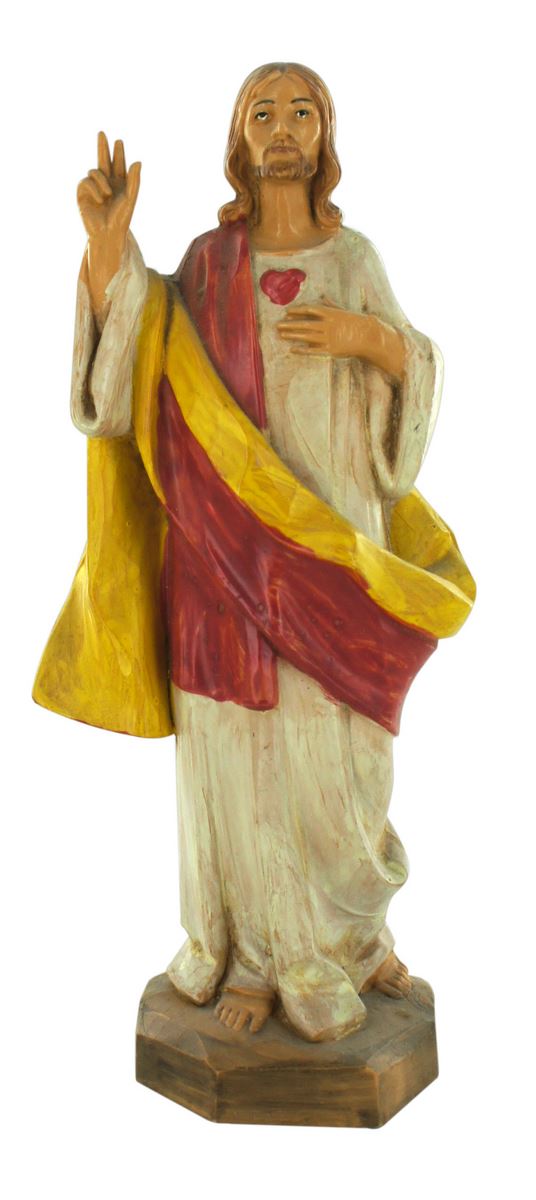 stock: statua sacro cuore di gesù in plastica/pvc effetto legno dipinta a mano - 17 cm