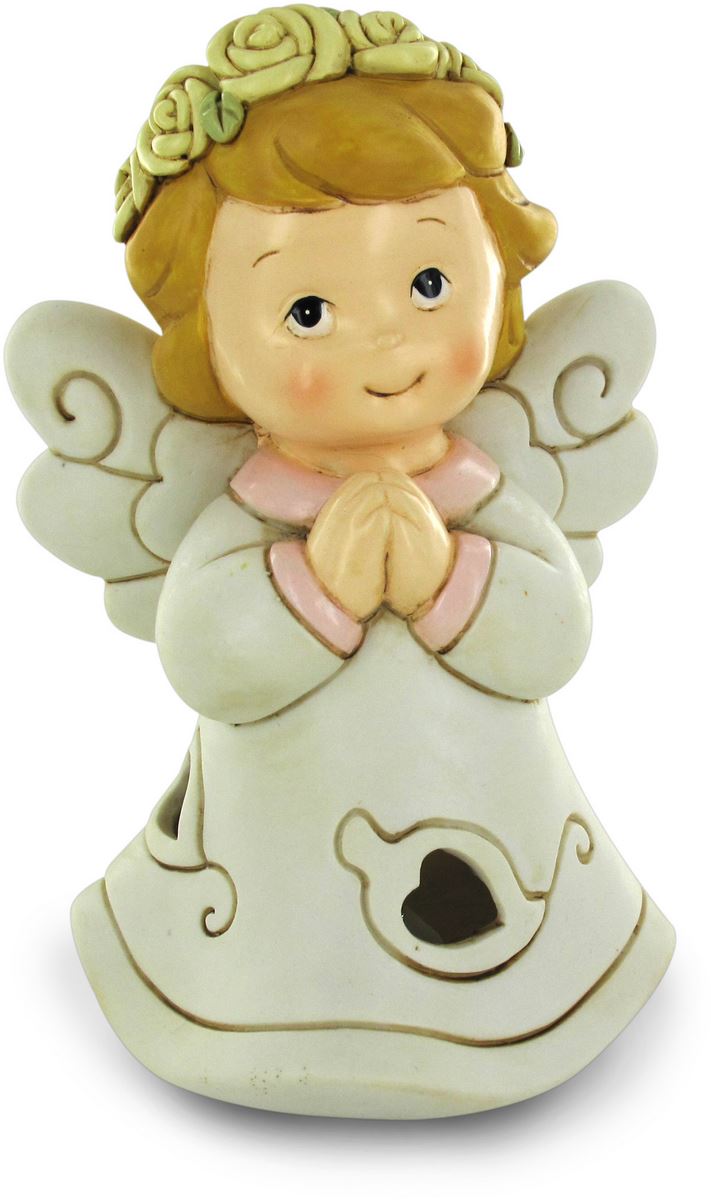angelo che prega con luce led, orli e fiori rosa, in resina, 15 cm