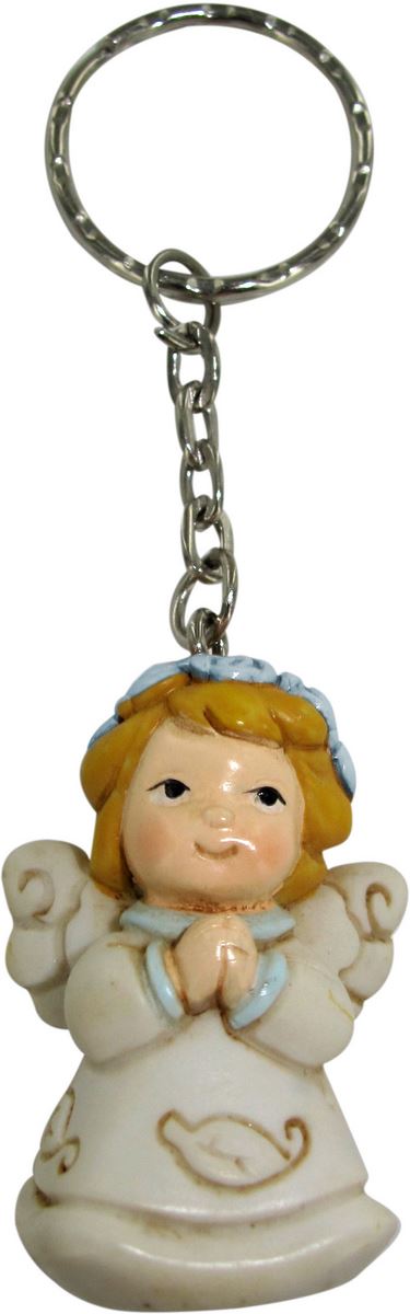 portachiavi angioletto che prega per bambini, dettaglio azzurro, resina, 4 cm