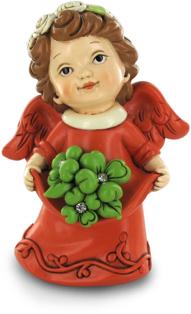 stock:angelo salvadanaio in resina arancione con fiore verde da 12.5 cm