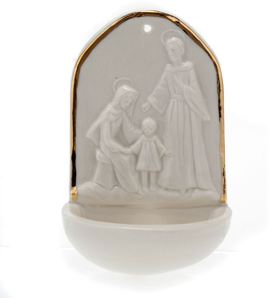 acquasantiera sacra famiglia in porcellana con profilo in oro zecchino cm 12