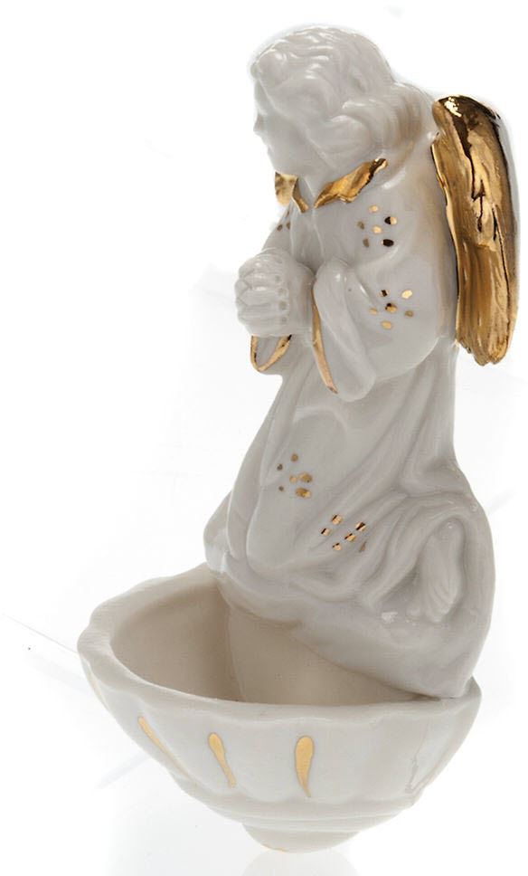 acquasantiera angelo pregante in porcellana bianca con oro zecchino cm 13,5
