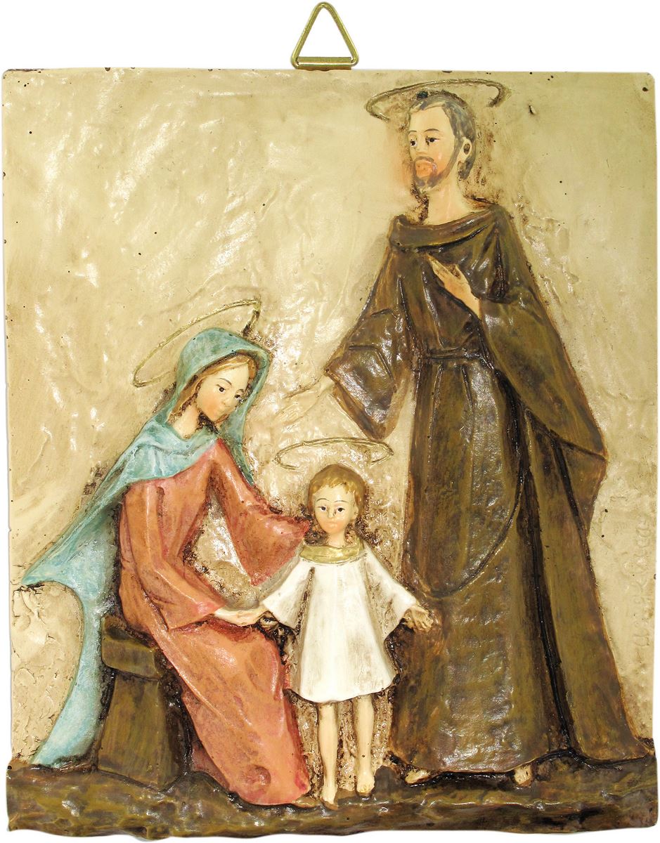 quadro sacra famiglia rettangolare in resina colorata a mano - bassorilievo - 32 x 38 cm 