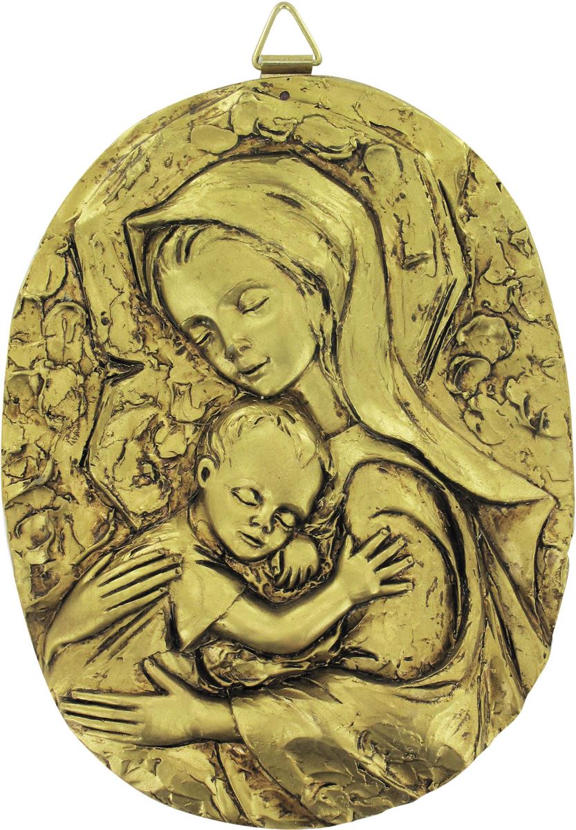 quadro madonna con bambino ovale in resina dipinta a mano - bassorilievo - 7,5 x 10 cm