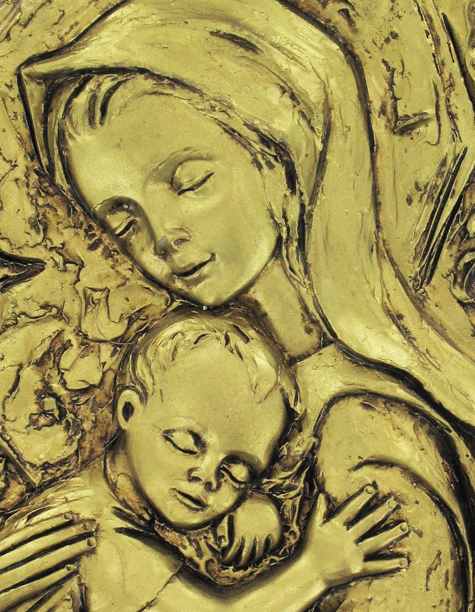 quadro madonna con bambino ovale in resina dipinta a mano - bassorilievo - 7,5 x 10 cm